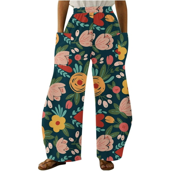 EQWLJWE Wide Leg Pants For Women Clearance Pant! Women Casual Printing Pockets Elastic Mid-Waist Comfortable Wide-Legged Loose Pants
