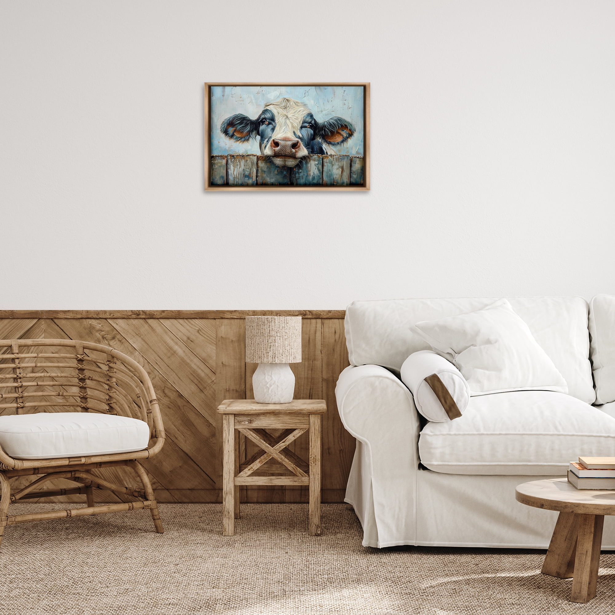 Stupell Industries Howdy Neighbor Cow Animals & Insects Painting Brown Floater Framed Canvas Art Print Wall Art, 25 x 17