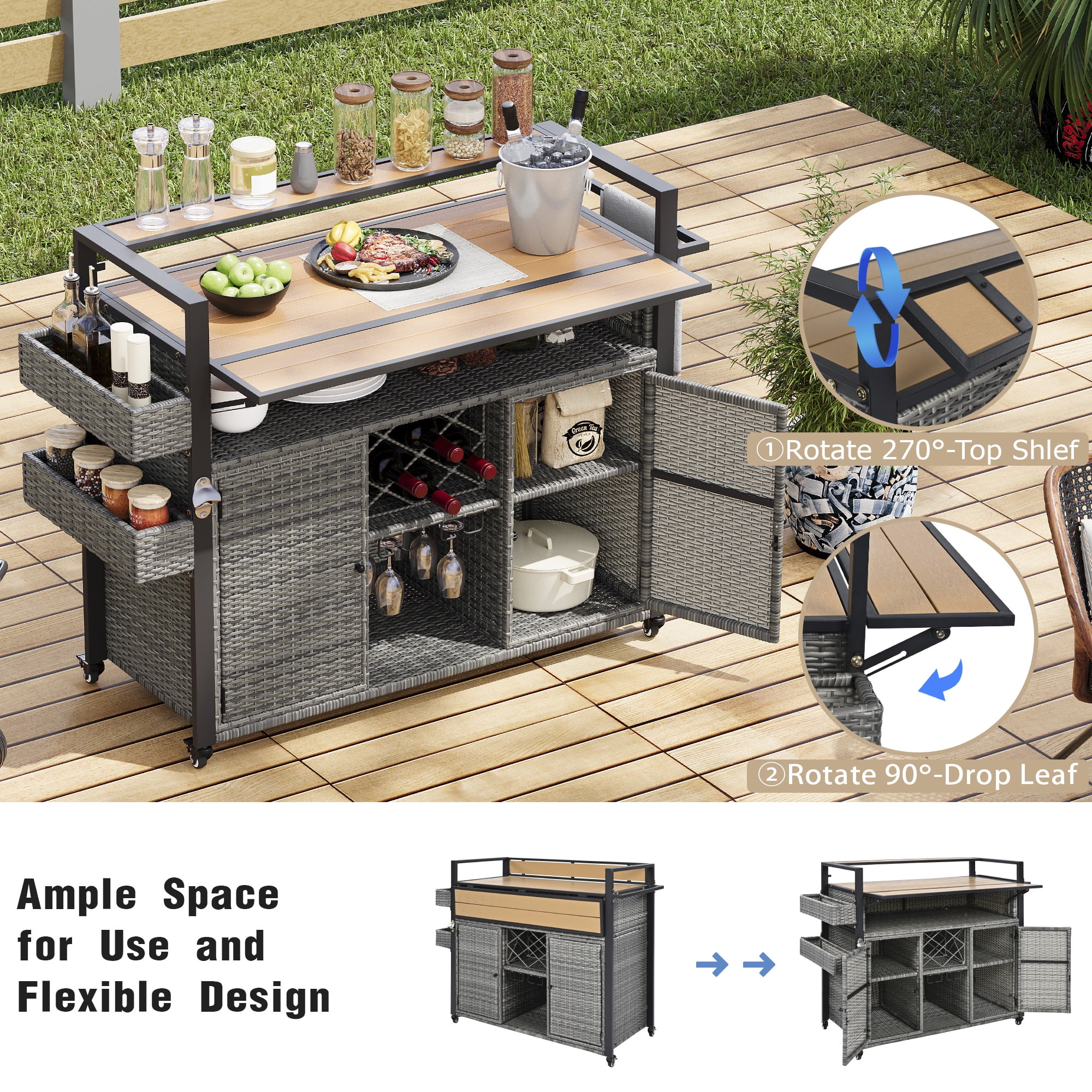 Outdoor Grill Cart 52.8 Inch W, Wicker Structure with Extended Plastic Wood Table Top for Patio Backyard, Grey