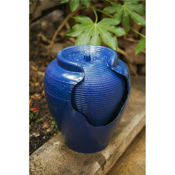 X-Brand PLFT3394BL 17 in. Tall Round Vase Fountain with Ridges Waterfall Indoor Outdoor Decor&#44; Blue