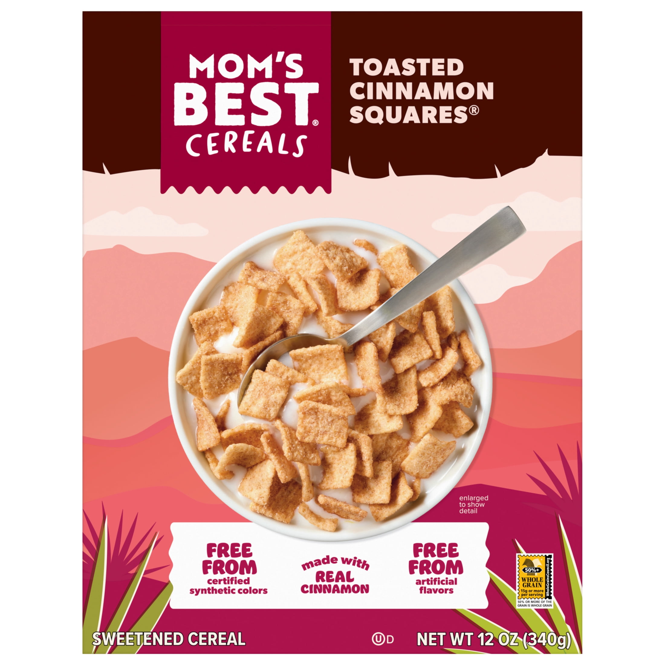 (4 pack) Mom's Best Toasted Cinnamon Squares Cereal, Cinnamon Cereal, 12 OZ Box