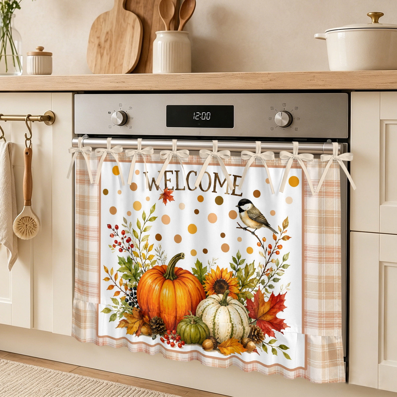 Welcome Thanksgiving Oven Skirt Curtain Fall Pumpkin Sunflower Bird Maple Leaf Plaid Tie Top Tier Curtains Stove Dishwasher Skirt Small Window Drapes for Kitchen Bathroom Cafe 30 x21.5
