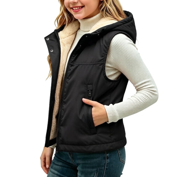 Kids Puffer Vest Girls Sherpa Lined Fleece Lined Hooded Sleeveless Gilet Zip Snap Winter Warm Outerwear Waistcoat with Zipper Pockets for Kids