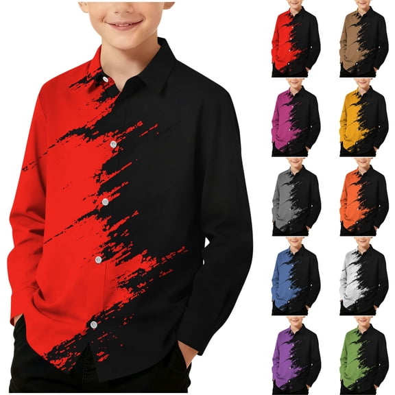 jobturf Boys Button Down Shirt Spring Fashion Color Block Long Sleeve Tops Beach Vacation Graphic Tees Casual Loose Blouses Size 3-14 Years