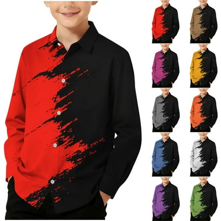 YHAJDS Kids Color Block Shirt Print Long Sleeve Button Down Blouse Casual Daily School Wear