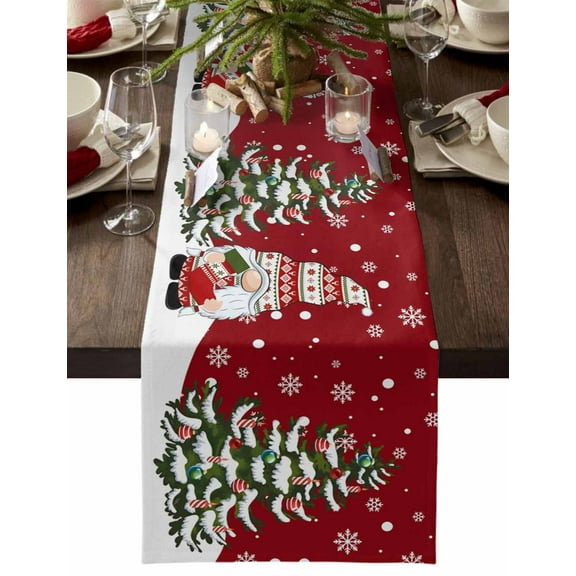 Red Christmas Gnomes Cotton Linen Table Runner for Dining Kitchen, Winter Xmas Snowflakes Holiday Wedding Outdoor Party Tablerunners Decoration, Dresser Scarf Coffee Tablecloth Runners 13x60 Inches