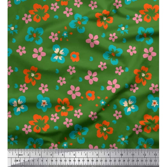 Soimoi Green polyester Crepe Fabric Artistic Floral Print Fabric by the Yard 52 Inch Wide