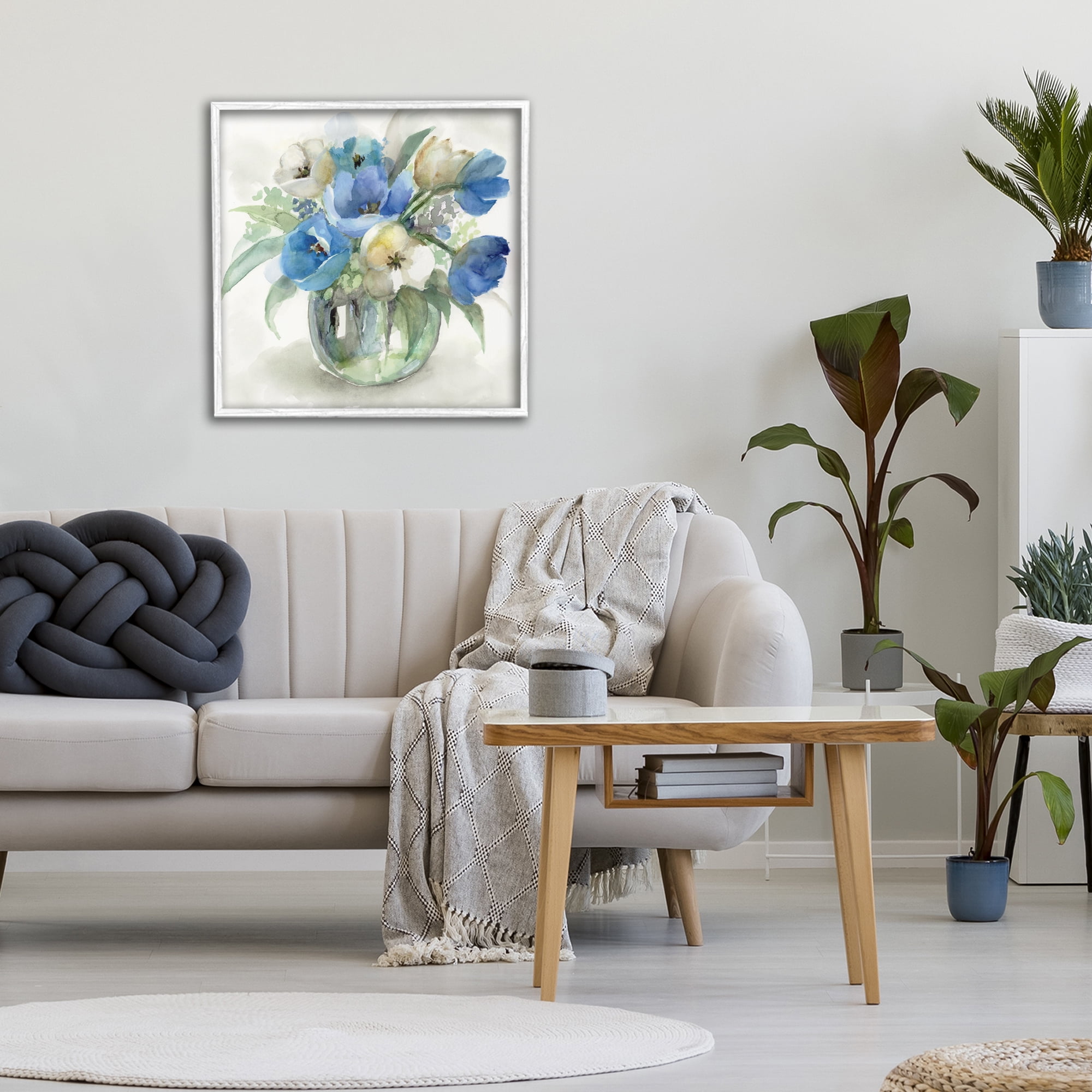 Stupell Industries Blue Tulip Watercolor Bouquet White Framed Giclee Art, design by Nan