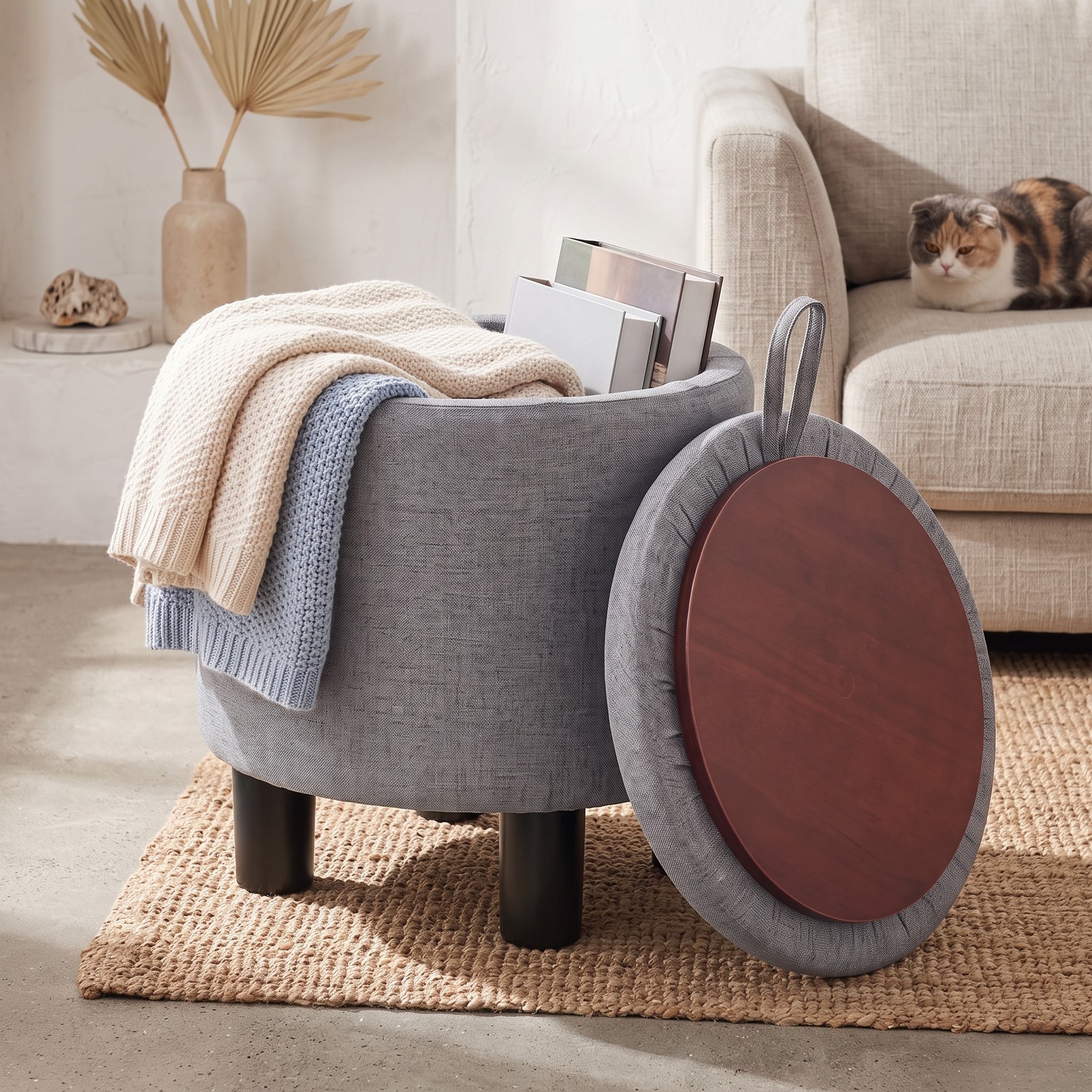 Furnibear Round Storage Ottoman, Linen Fabric Upholstered Footrest Stool with Reversible Lid, Padded Storage Bench Vanity Seat Side Table for Living Room Bedroom, Gray