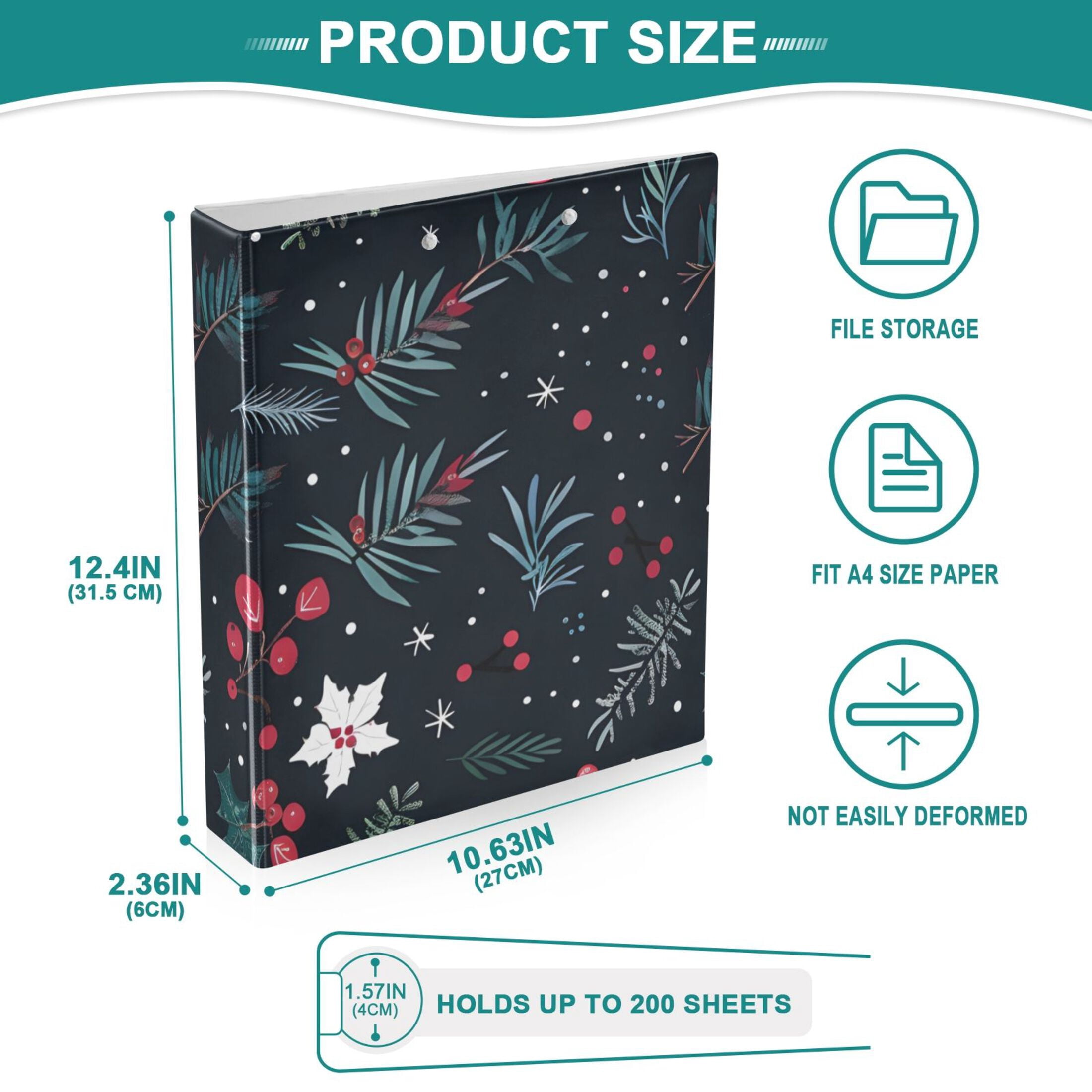 Christmas Leaves 3 Ring Binders 1.5 inch Hardcover File Folders with Interior Pockets A4 Size Organizer for School Office Hospital