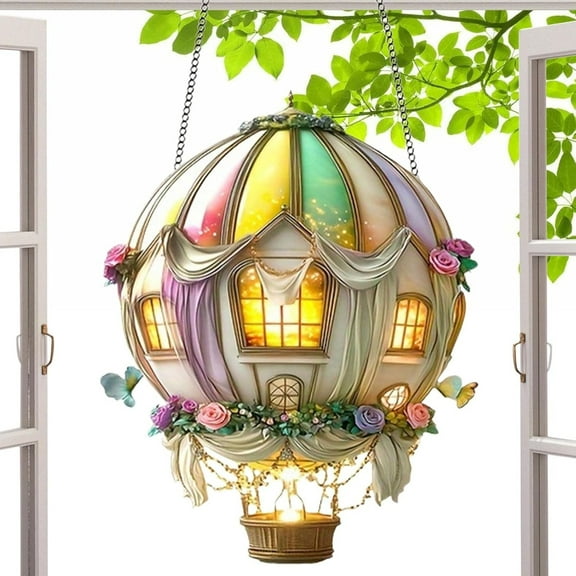 Summercome Solar Hot Air Balloon, Flickering Flame Solar Light, Hot Air Balloon Solars Garden Light, Hanging Acrylic Solars Lanterns for Outside Window Home Decorations