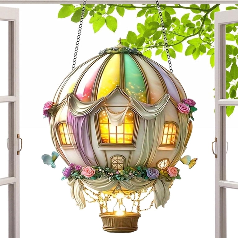 Hot Air Balloon Solar Lantern – 2D Acrylic Window Pendant For Garden, Patio, Camping & Weddings (Colorful LED, Bird-Safe)
