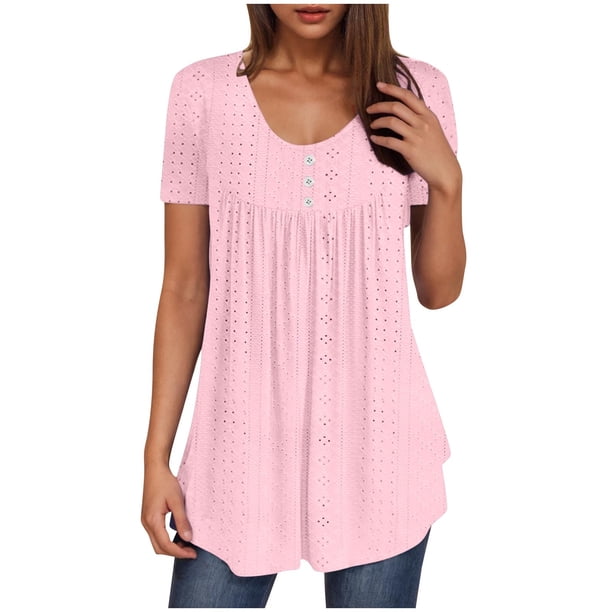 Camisetas Casuales de Mujer Cuello Redondo de Color Sólido con Diseño de Manga de Botón Ahuecado, Camiseta de Verano Ligera para Uso Diario