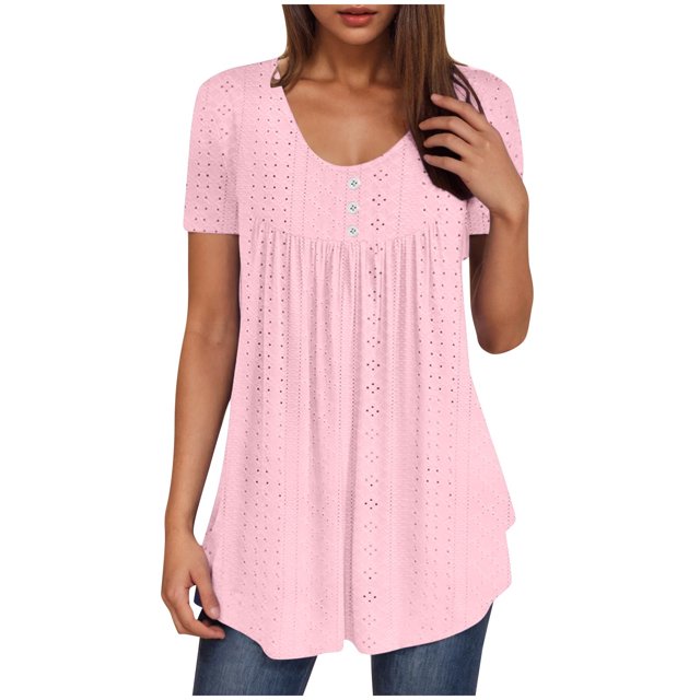 Camisetas Casuales de Mujer Cuello Redondo de Color Sólido con Diseño de Manga de Botón Ahuecado, Camiseta de Verano Ligera para Uso Diario