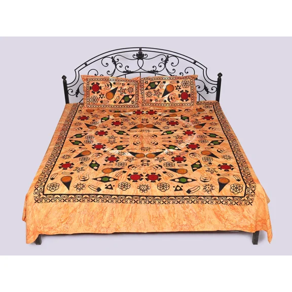 Apricot-Nectar Batik-Dyed Queen Size Bedspread with Pillow Cases and Printed Geometric Pattern