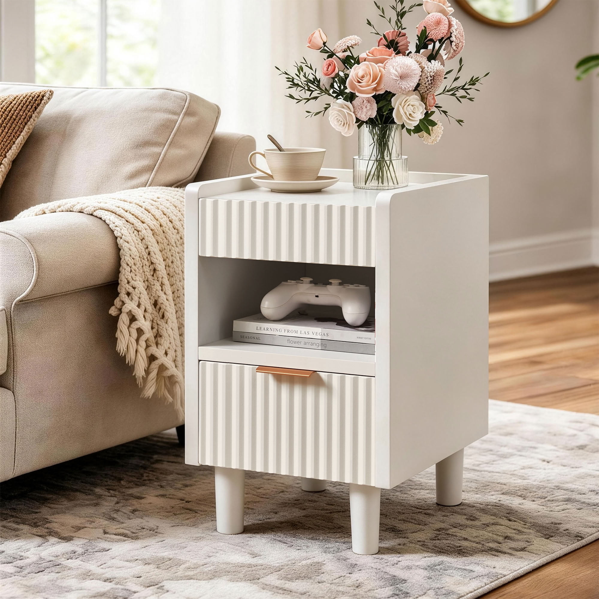 MAYEERTY Fluted Compact Nightstand Set of 2, Modern Wood Bedside End Table with 2 Drawers & Open Storage Cubby, for Bedroom Living Room Small Apartment Dorm
