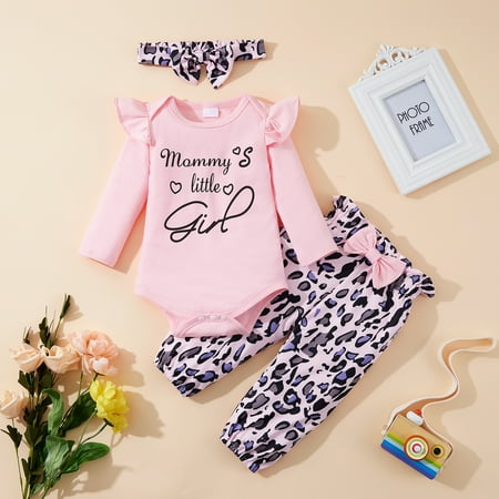 

Synpos Newborn Baby Girl Clothes Infant Girl Outfits Long Sleeve Ruffle Romper Leopard Print Pants Headband Set for Baby Girls 6-12 Months