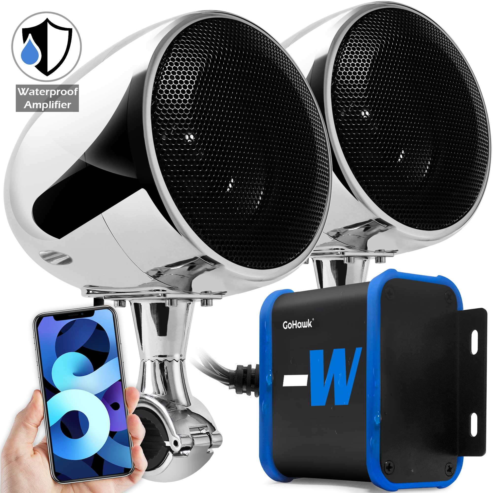 GoHawk TN4-W Waterproof Amplifier 4" Motorcycle Bluetooth Stereo Speakers Handlebar Mount Audio Amplifier System Harley ATV 4-Wheeler USB FM Radio Chrome