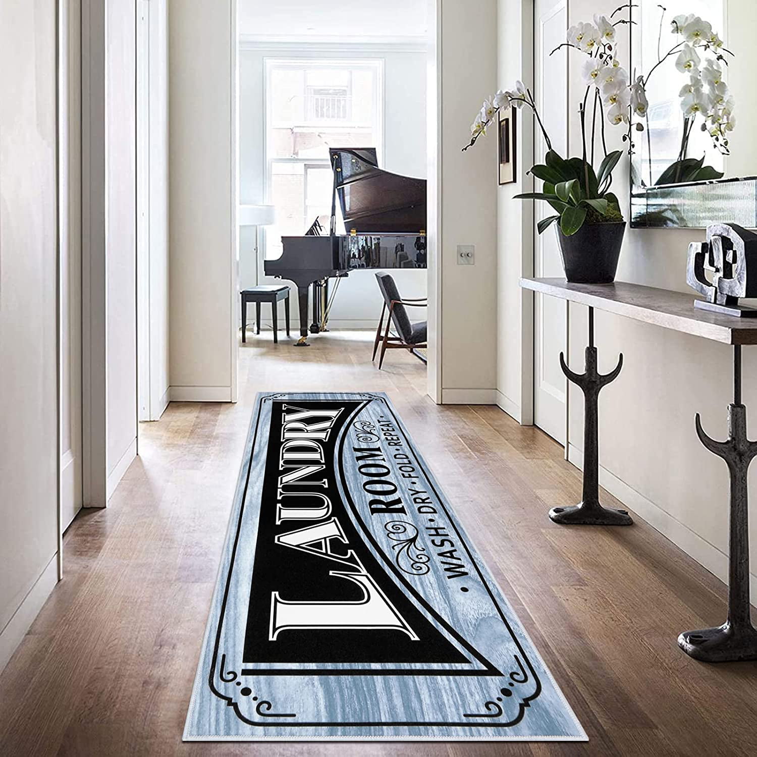 Runner Rugs, Navy Blue and White Stripe Non Slip Low Profile Hallway Runner  Rug for Entryway Entrance Kitchen Laundry Room Bedroom, 19.7X47.2