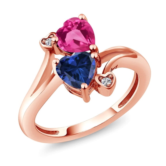 Gem Stone King 18K Rose Gold Plated Silver Pink Created Sapphire Blue Created Sapphire and White Moissanite Ring for Women (1.63 Cttw, Heart Shape 6MM, Gemstone Birthstone, Size 9)
