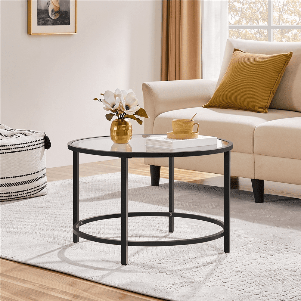 Renwick Modern Glass Top Coffee Table with Adjustable Foot Pads, Black