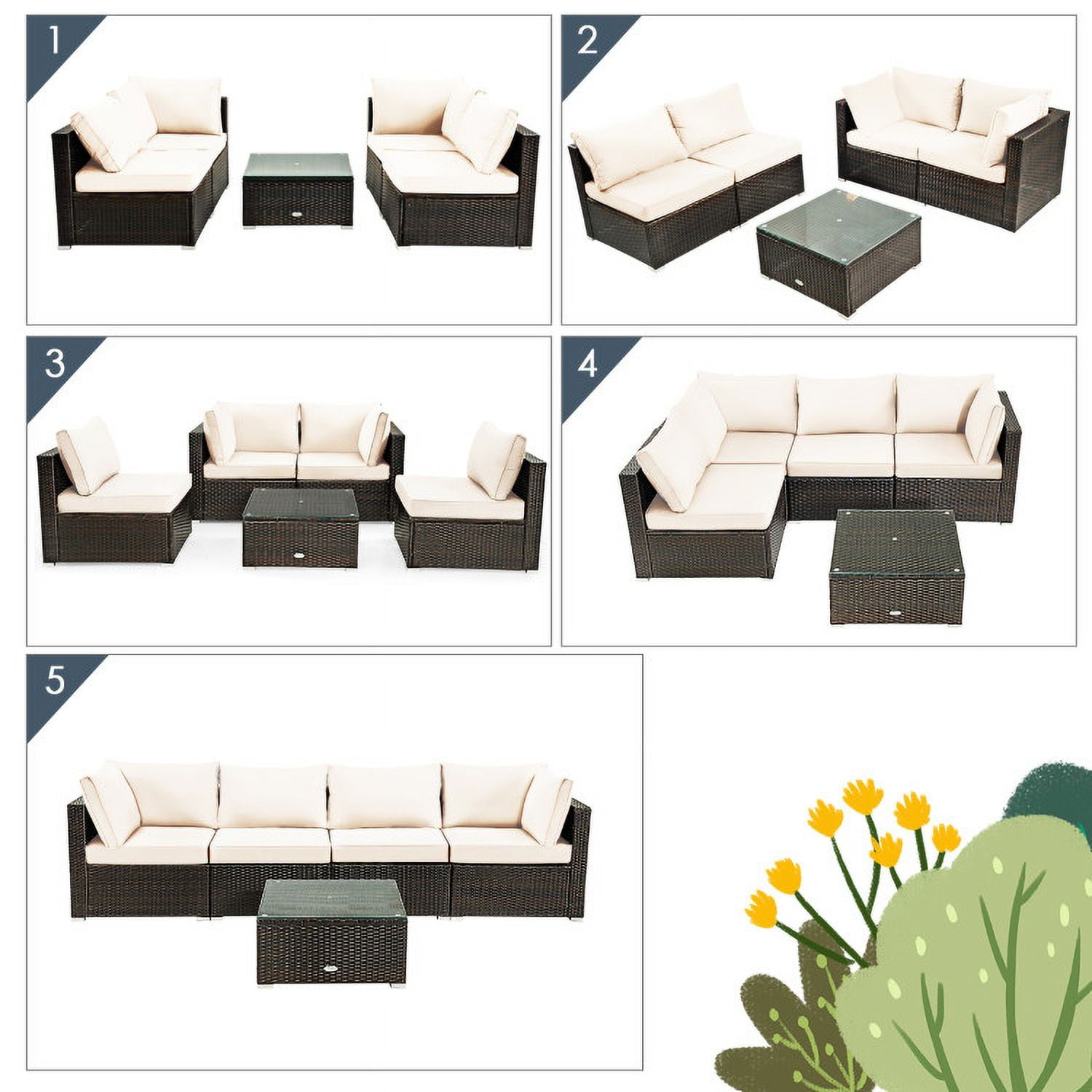 Aimee Lii 5 Pieces Cushioned Patio Rattan Furniture Set with Glass Table, Outdoor Patio Set, White