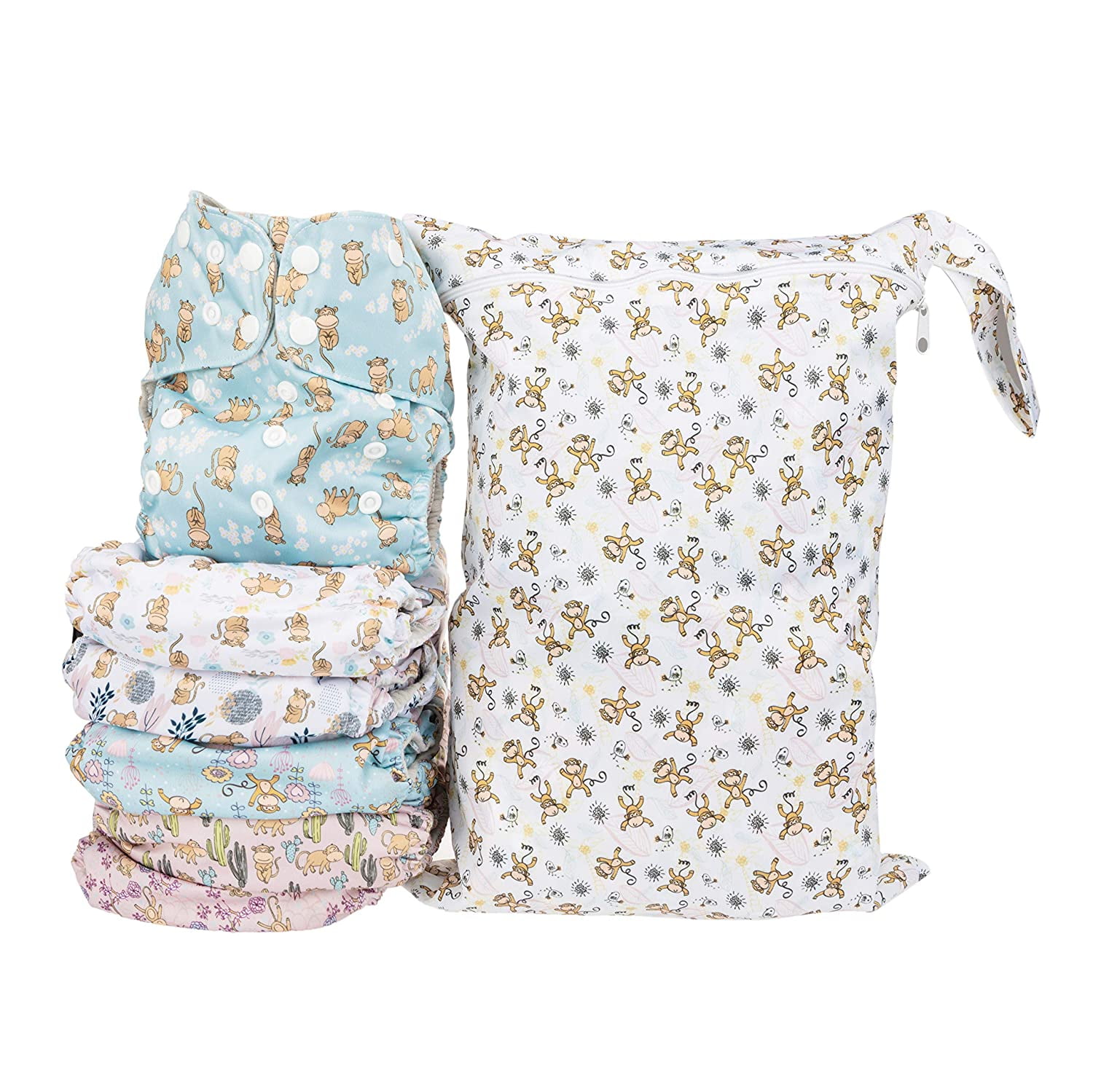 Simple Being Reusable Cloth Diapers,6 Pack Pocket Adjustable Size,Waterproof Cover,6 Inserts,Wet Bag, Double Gusset (Monkey)