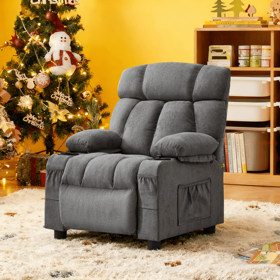 JONPONY Kids Recliner Chair,Push Back Toddler Recliner with Cup Holders & Side Pockets,Adjustable Footrest & Headrest Kids Sofa for Boys Girls 3 Age Group, Grey