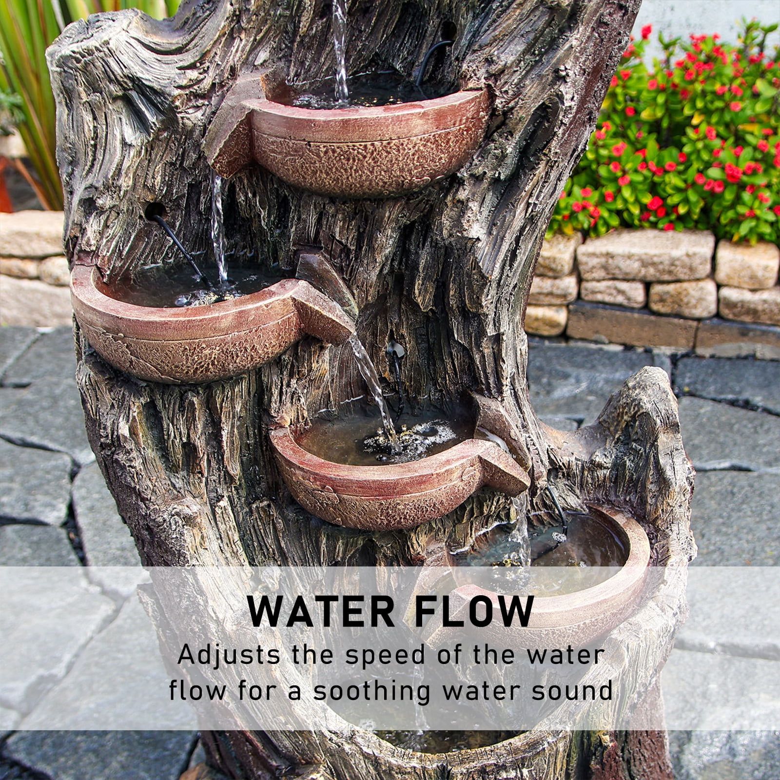 6-Tiers Floor Cascading Waterfall Fountains Outdoor Indoor Tree Trunk Water Garden Fountain with LED Lights Rainforest Water Feature Decor for Backyard Porch Patio Lawn 43.31''H