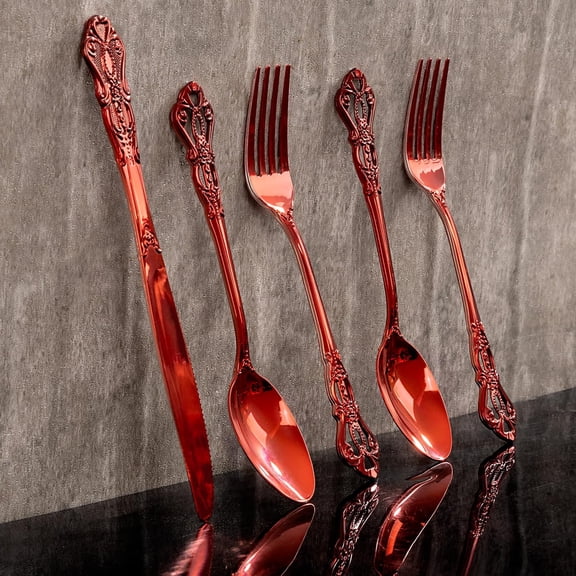 150PCS Red Plastic Silverware - Elegant Disposable Utensils - Heavy Duty Vintage Red Cutlery Sets Includes 50Forks, 50Spoons, 50Knives for Catering Dinner New Year Party Wedding