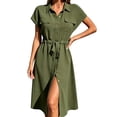 thumbnail image 2 of ClodeEU Women's Collar Cap Sleeve Drawstring Waist Button Midi Shirt Dress,Casual Summer Dress Army Green,Women's Plus L, 2 of 5
