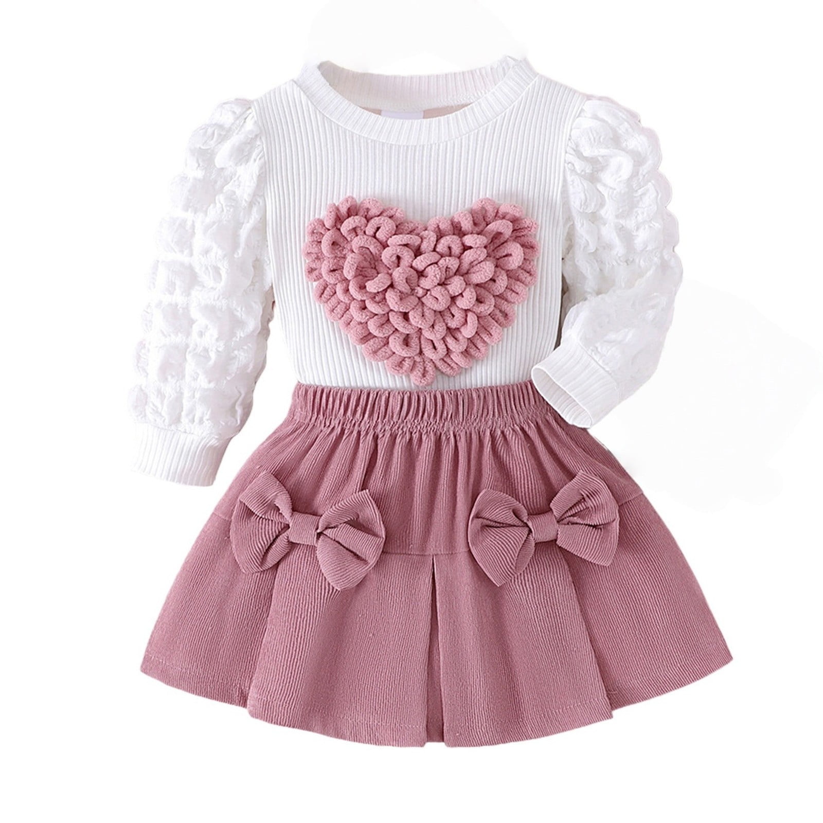 CPNG Toddler Baby Girls T Shirt Skirt Outfits Long Sleeve Ribbed Knitted Crewneck T Shirt Tops and Solid Bow Tie Skirt 2 Pcs Set(White 6-9 Months)