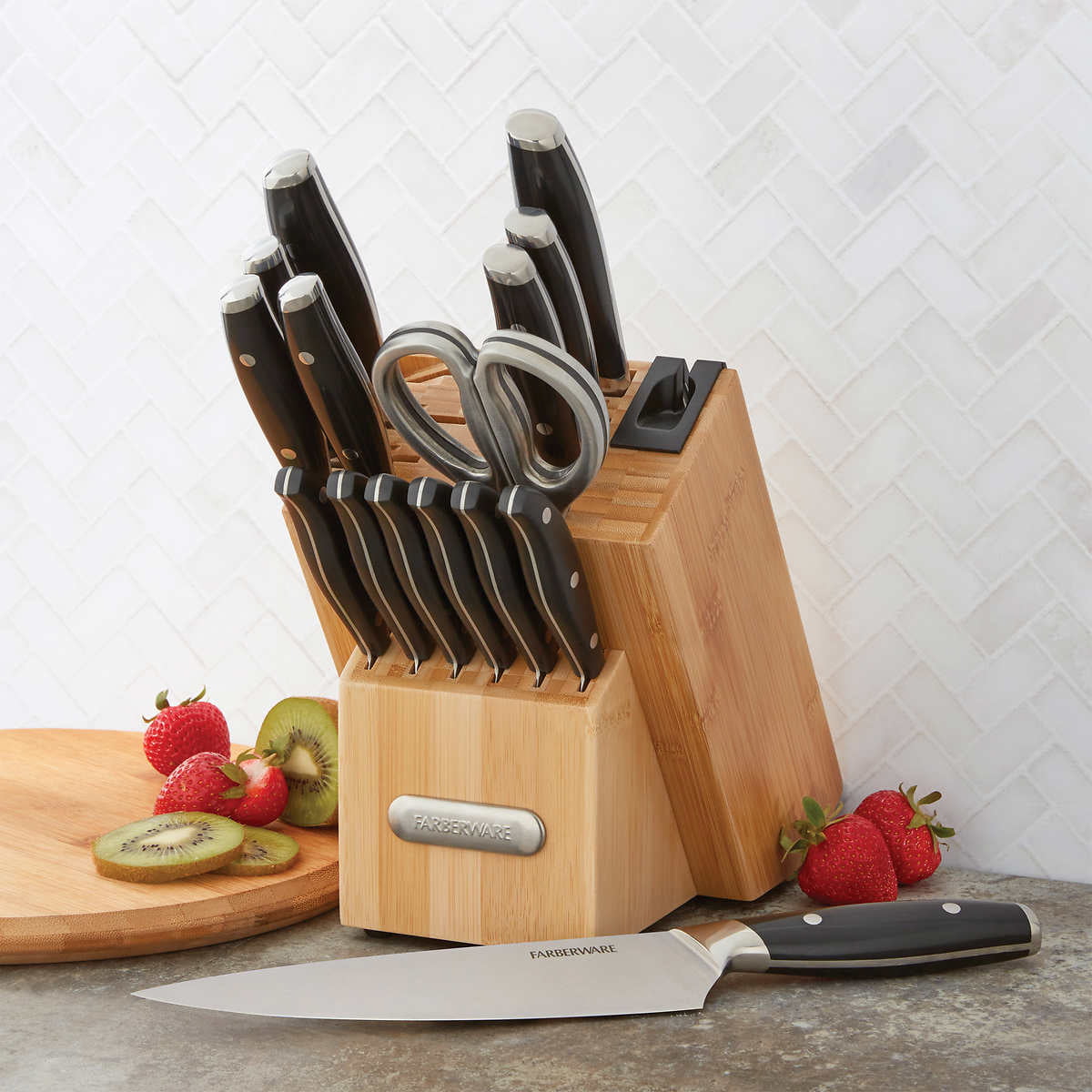 Farberware 16-Piece Forged Knife Block Set with Built-in Knife Sharpener, Triple Rivet Handles, High Carbon Japanese Stainless Steel Kitchen Knives