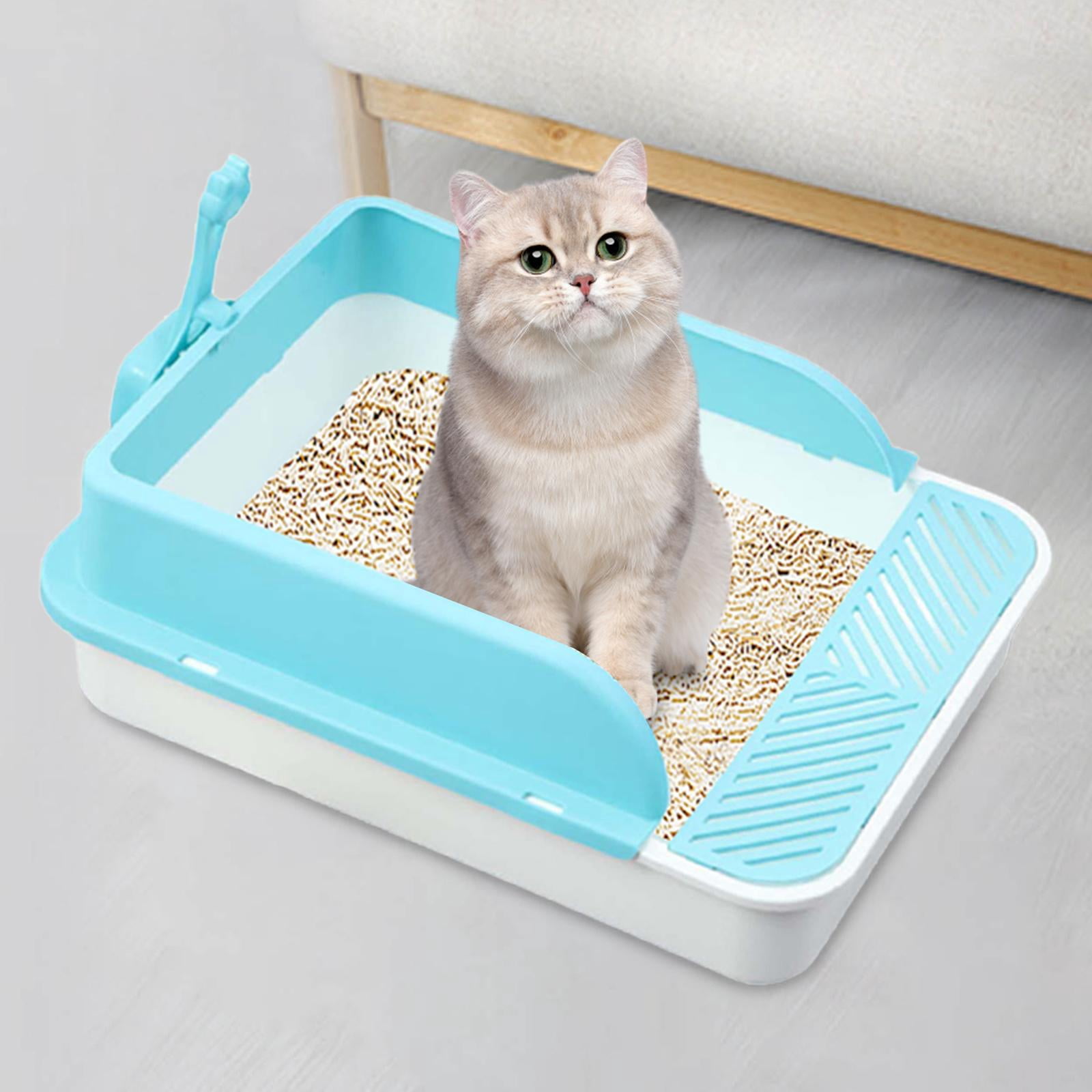 Cat Litter Tray Kitty Litter Pan Cat Sand Box Semi Enclosed Open Top Pet Kitten Toilet for Small Animals Easy to Clean, No Odor White and Blue XL
