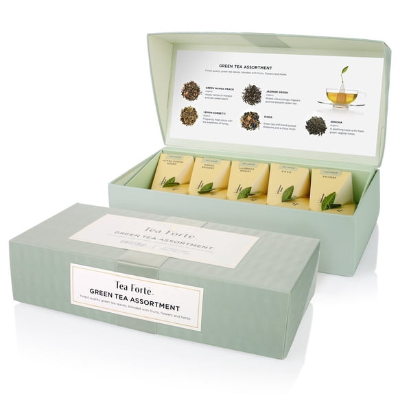 Tea Forte Caja de Presentación Petite - Muestra de Té Verde con 10 Infusores en Forma de Pirámide, Hechos a Mano, Surtido Variado