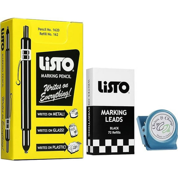 Bundle of Listo 1620 Marking Pencil/Grease Pencils/China Marking Pencils/Wax Pencils - Black, Box of 12 With 72 Refills With Magnetic Memo Clip