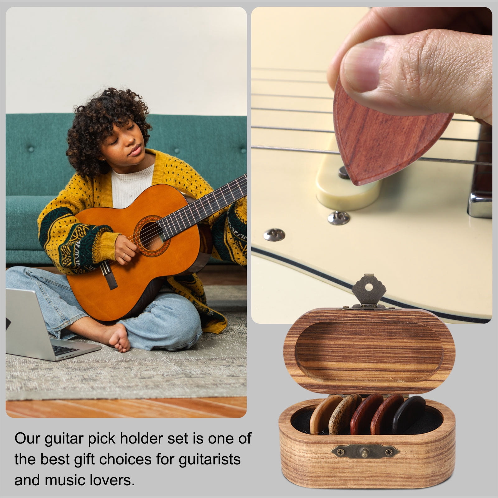 Uxcell Wooden Guitar Pick Holder Mini Guitar Picks Box Case with 5 Pack Grooves Wood Guitar Picks Acoustic Guitar Box