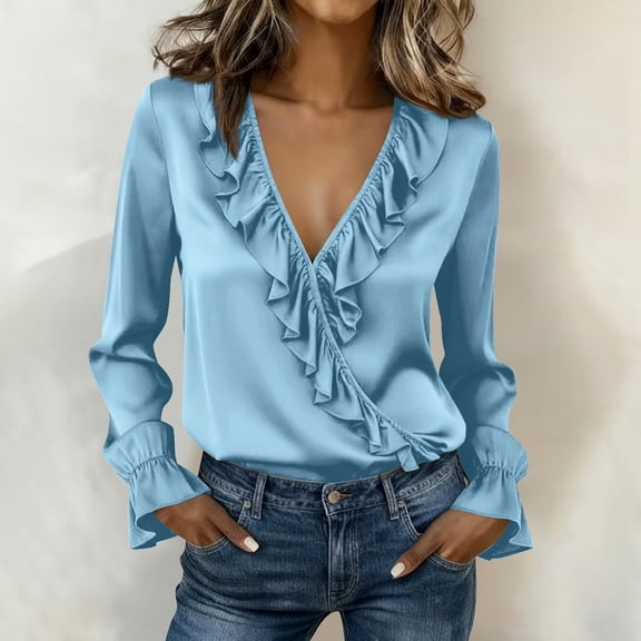 YueHuiYing Women's Dressy Casual Blouse Tops for Spring Puff Long Sleeve V-Neck Hollow-Out Lace Embroidered Shirts Light Blue XL
