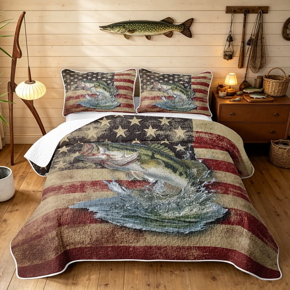 Manfei Vintage Bass Fish Twin Quilt Set, Rustic American Flag Twin Coverlet Set, Red Navy Beige, 2pcs, 1 Bedspread and 1 Pillowcase