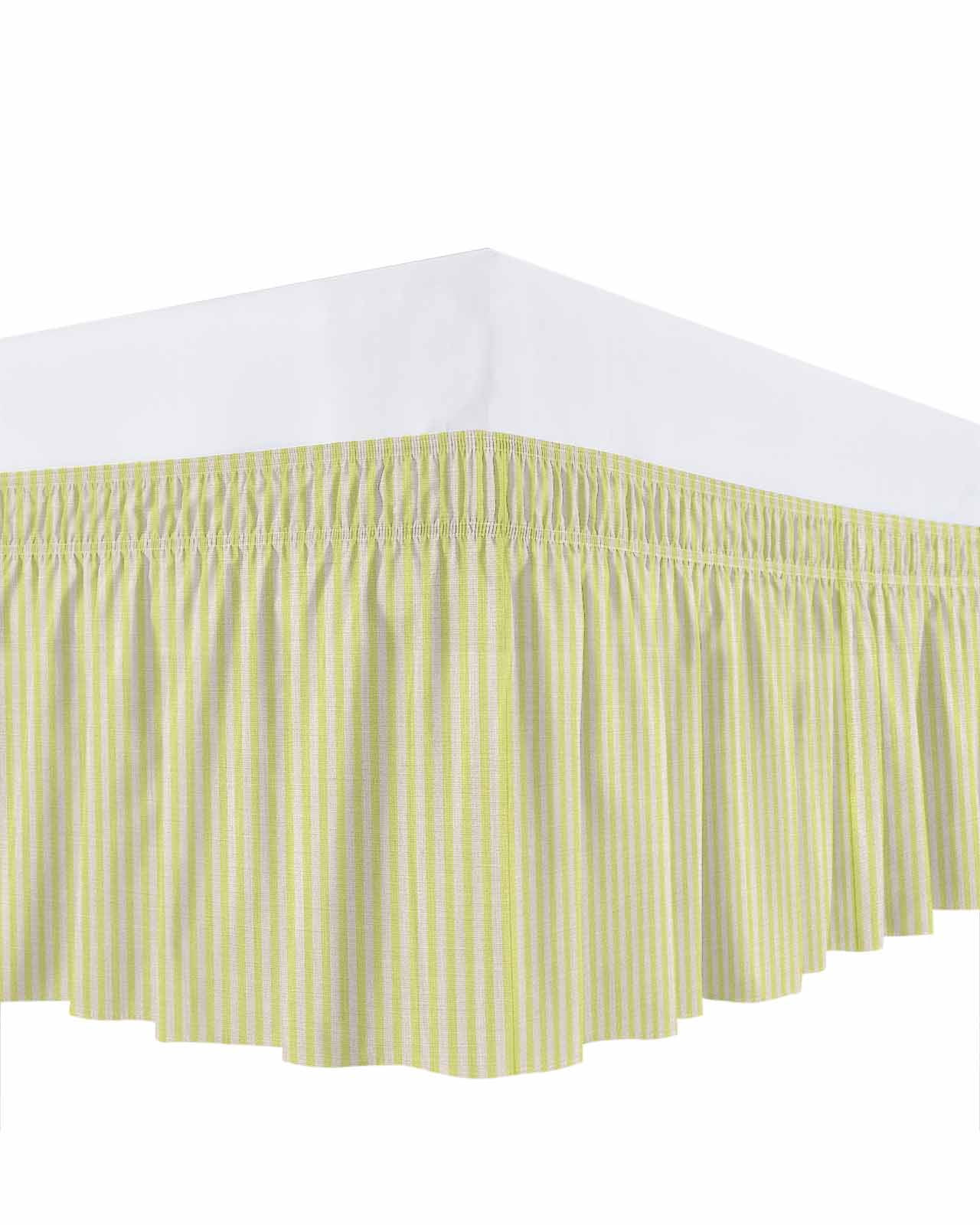 Simple White Striped Bed Skirt King Size 18 Inch Drop, Yellow Stripe Vintage Linen Adjustable Elastic Dust Ruffles Bedskirt for King Bed Wrap Around Pleated Mattress Frame Cover