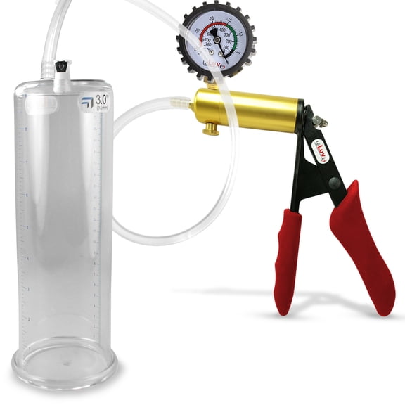 LeLuv Ultima Penis Pump, Brass w/ Red Handle, Silicone Grip, Clear Hose   Protected Gauge | 9" x 3.00" Cylinder