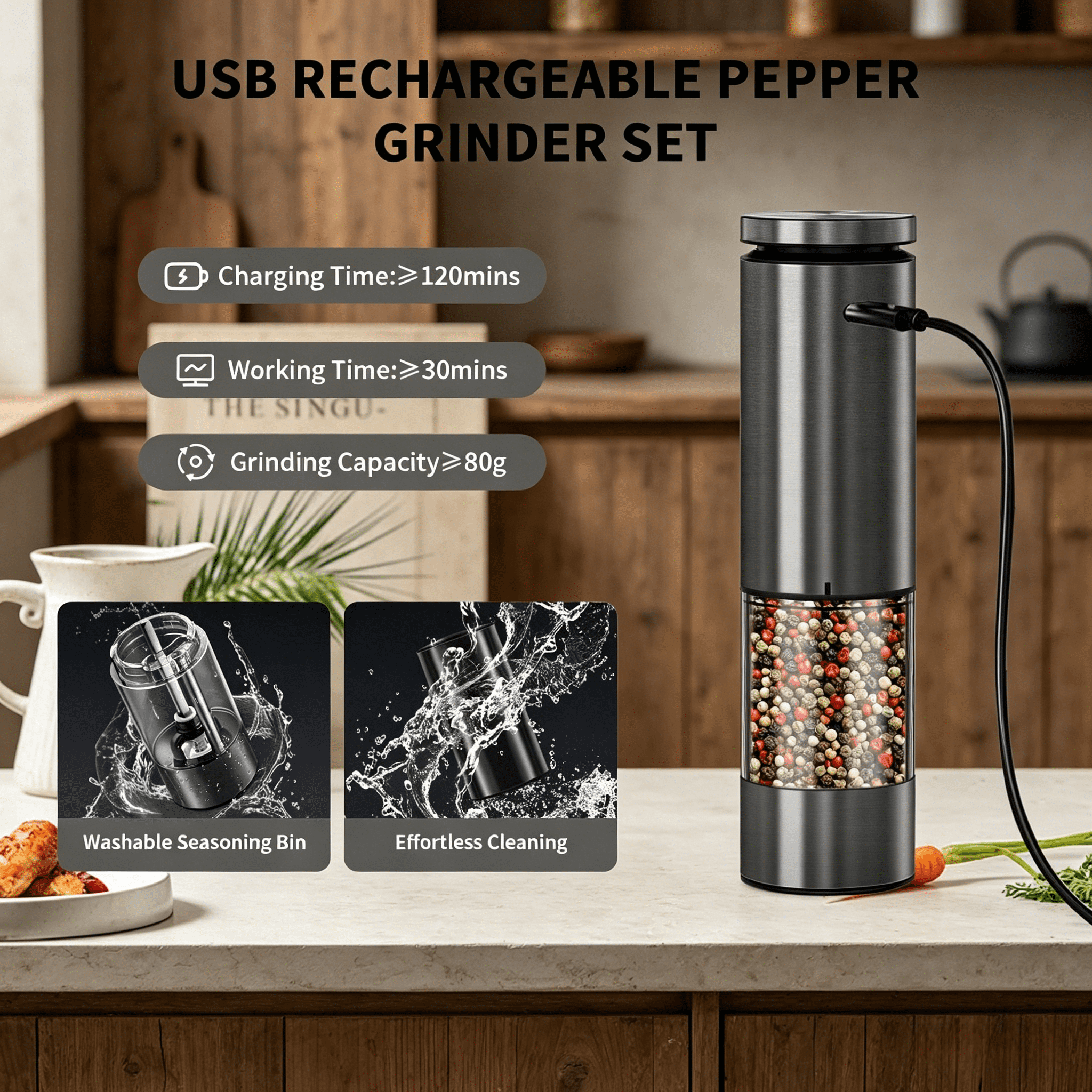 2PCS electric salt and pepper grinder - USB powered, one handed operation, suitable for giving Christmas, birthday, and New Year gifts, suitable for kitchen and restaurant supplies