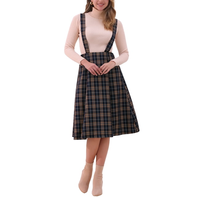 Falda de tirantes de tartán para mujer Inspire Chic, vintage, de cintura alta, estilo A-line, midi, vestido overall, M, cuadros azules