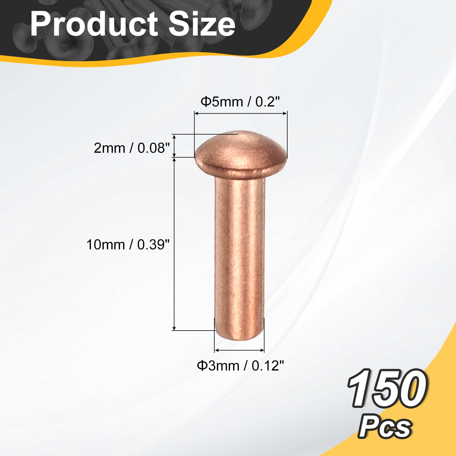 150 Pack Copper Solid Rivets, 0.12"x0.39" Half Round Head Rivet Metal Fasteners