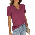 thumbnail image 2 of Camiseta de manga soplada para mujer, blusa de manga corta con cuello en V, informal, holgada, de Color puro, para citas, 2 of 5
