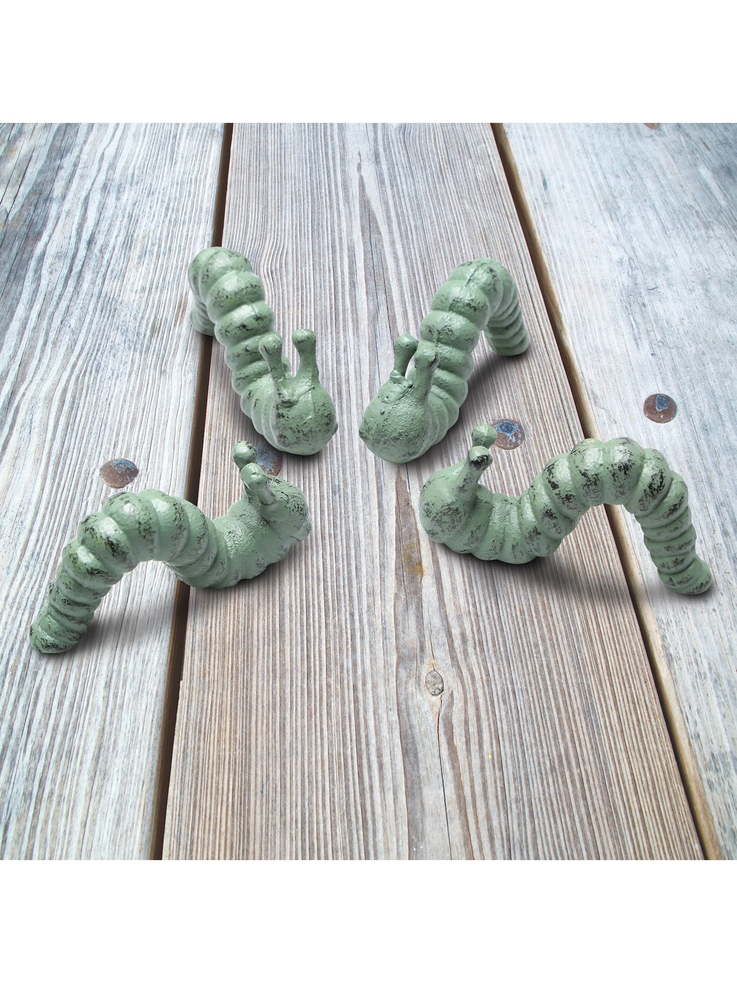 SPI Home Cast Iron Caterpillars Yard Art - Set of 4 Verdigris Finish Metal Inchworms, 2" x 4" x 1"