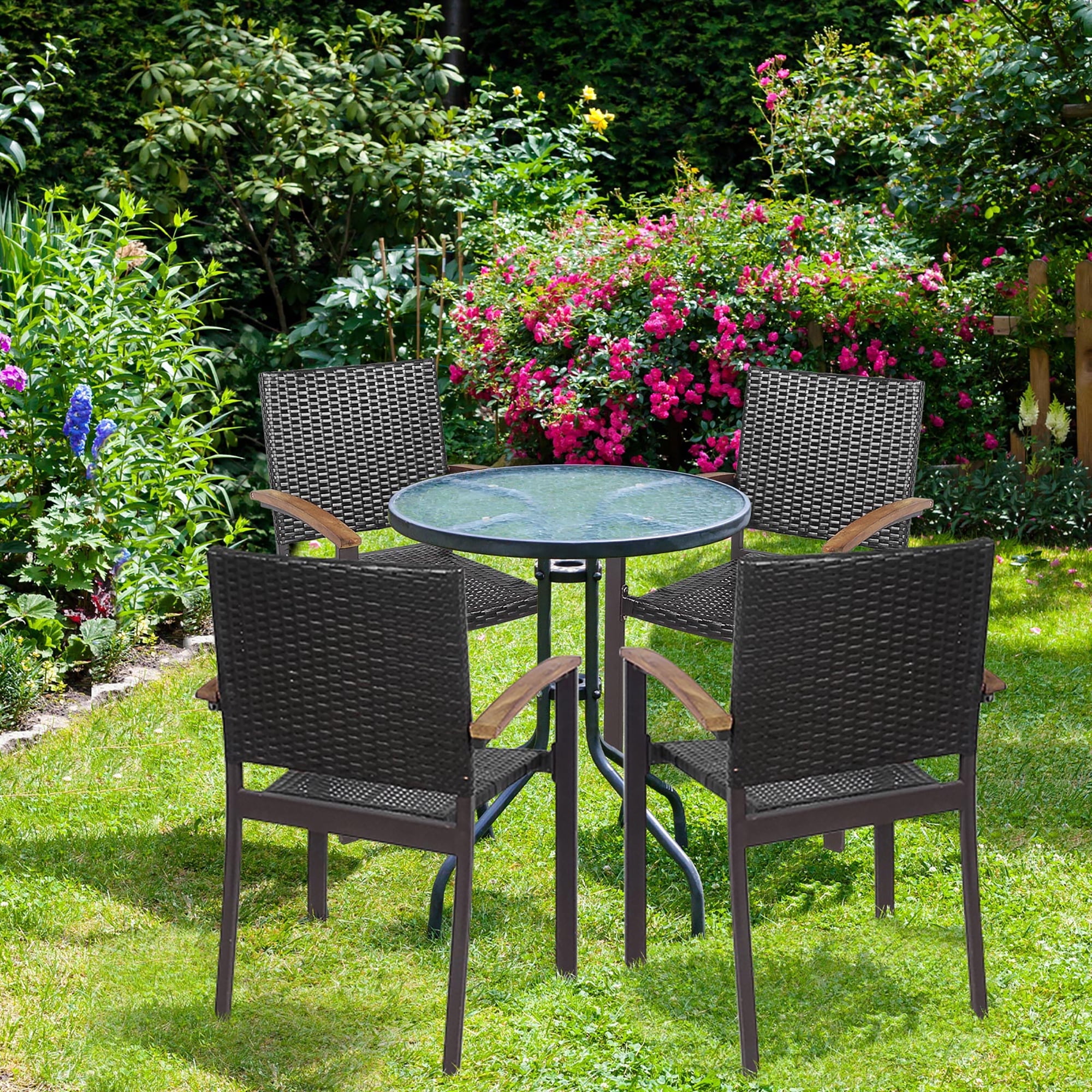 Costway Set of 4 Outdoor Patio PE Rattan Dining Chairs Armrest Stackable Garden
