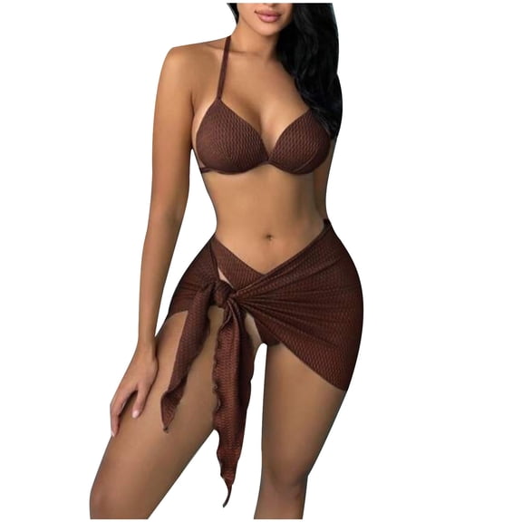 WREESH Womens Bikini Set with Sarong Bathing Suit Beach Cover Up Wrap Skirt Swimwear Three-Piece Bikini Brown