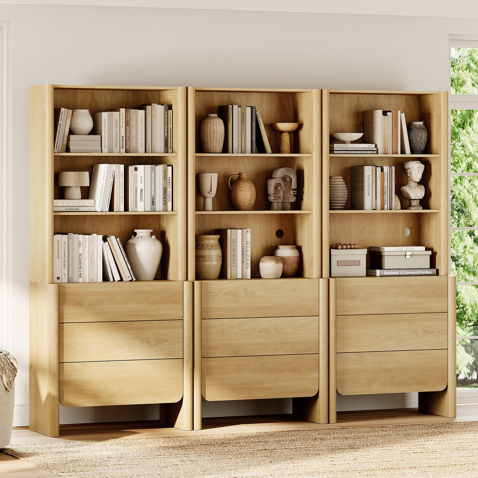94.5-Inch Modern French Bookcase with Curved Edges, 9 Drawers and Open Shelving, 72.8" Tall, Oak