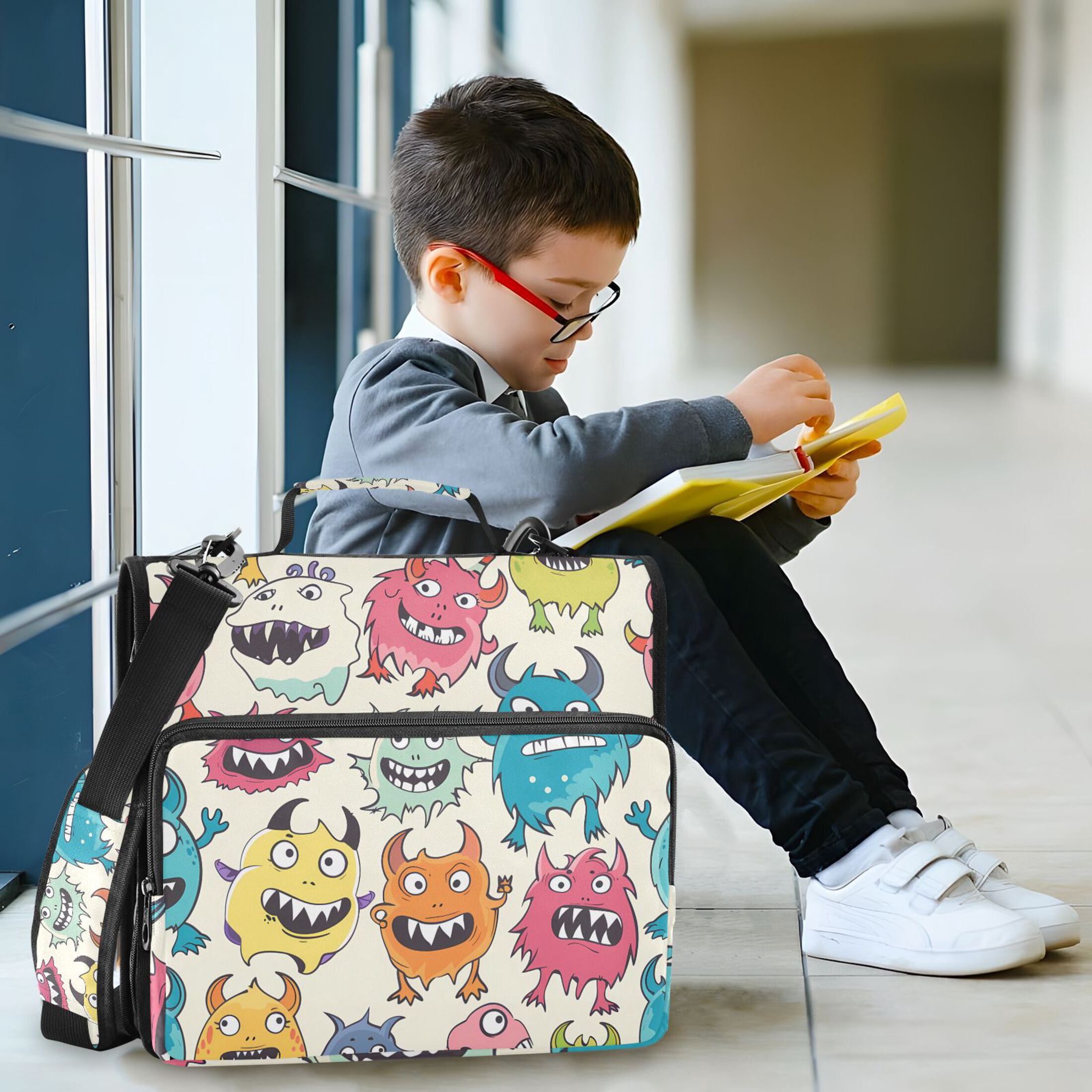 3 Ring Zipper Binder with Shoulder Strap Waterproof Trapper Keeper 2 Inch D-Ring 500 Sheets Capacity Cartoon Lovely Monsters